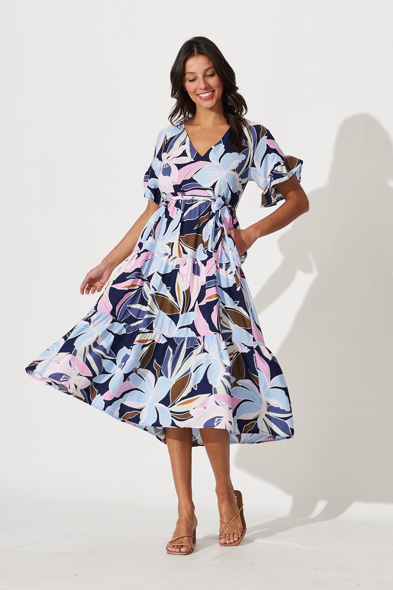 Missy Midi Dress In Blue With Purple Lily Floral Print - full length