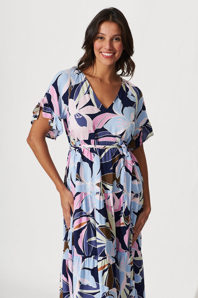 Missy Midi Dress In Blue With Purple Lily Floral Print - front