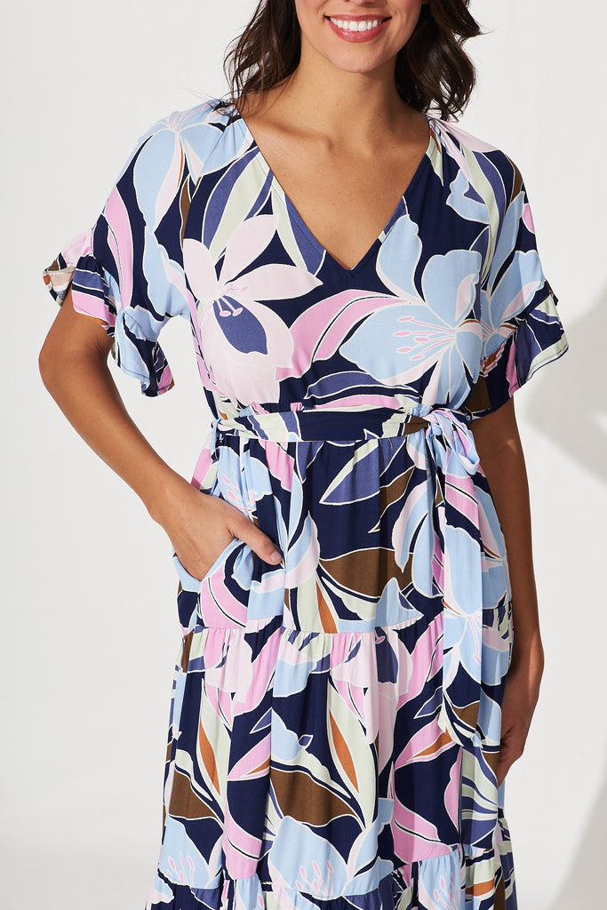 Missy Midi Dress In Blue With Purple Lily Floral Print - detail