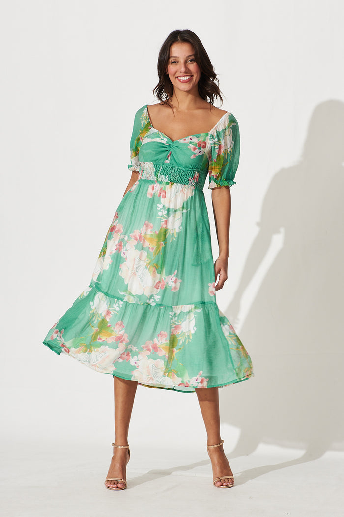 Mandy Midi Dress In Green With Pink Floral Cotton Blend - full length