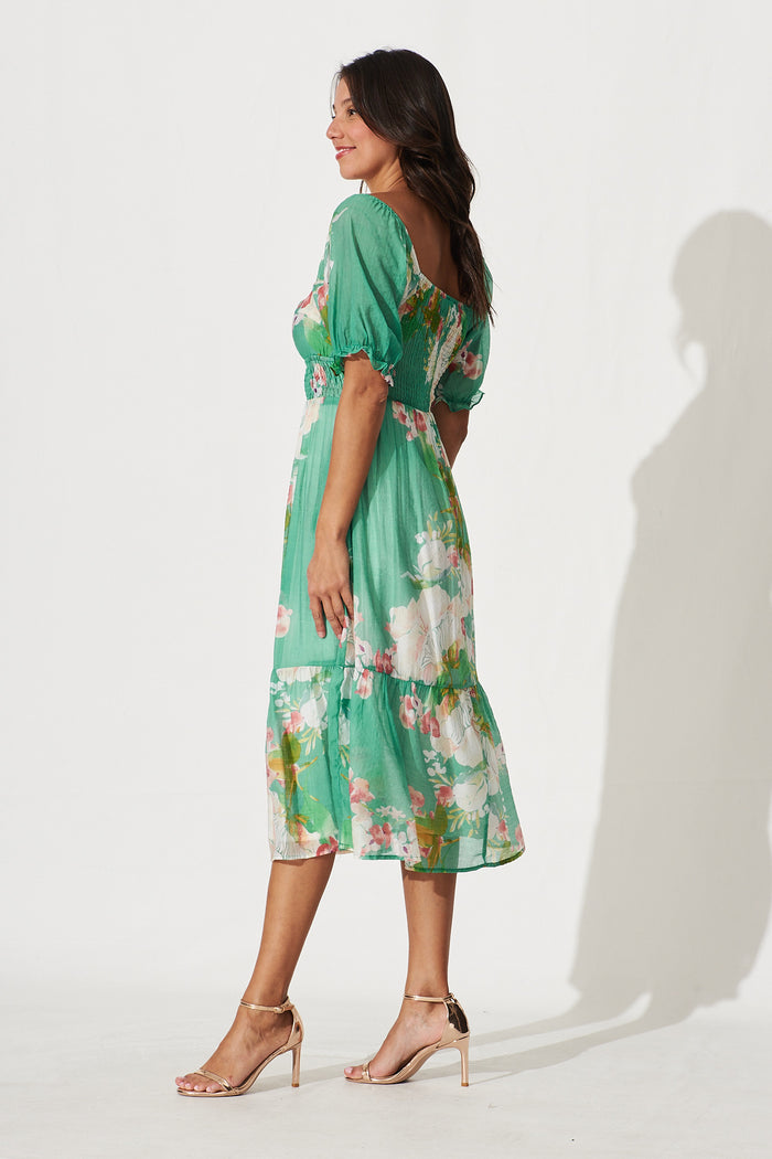 Mandy Midi Dress In Green With Pink Floral Cotton Blend - side