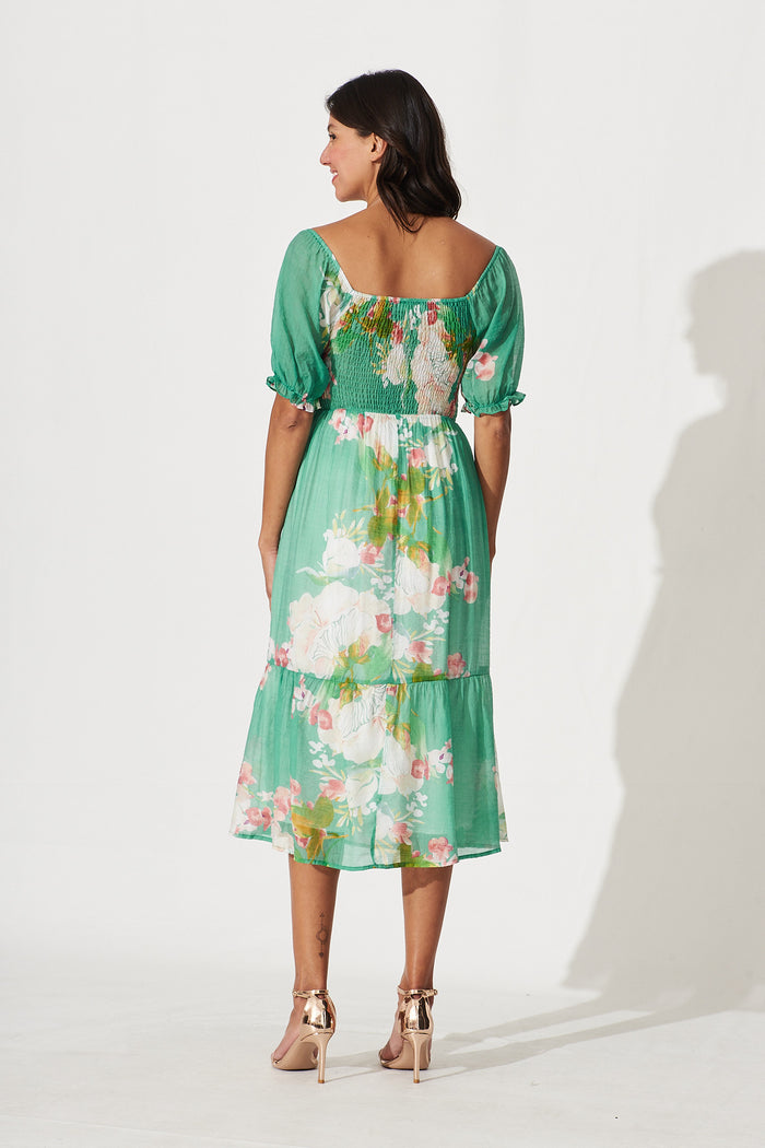 Mandy Midi Dress In Green With Pink Floral Cotton Blend - back