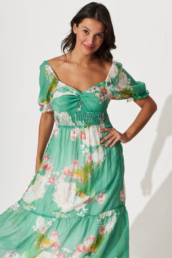 Mandy Midi Dress In Green With Pink Floral Cotton Blend - front