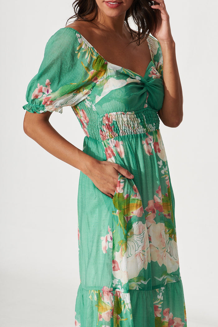 Mandy Midi Dress In Green With Pink Floral Cotton Blend - detail