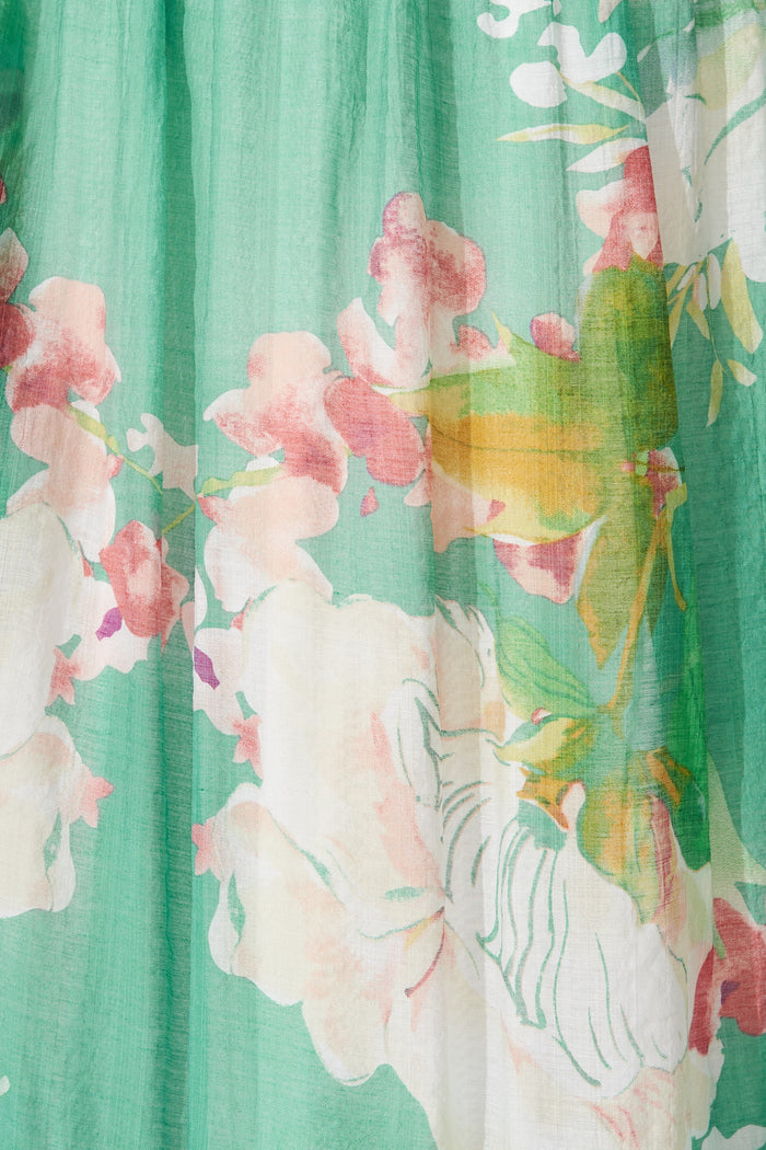 Mandy Midi Dress In Green With Pink Floral Cotton Blend - fabric