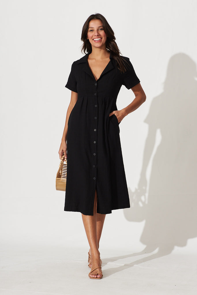 Abigail Midi Shirt Dress In Black Textured Cotton – St Frock