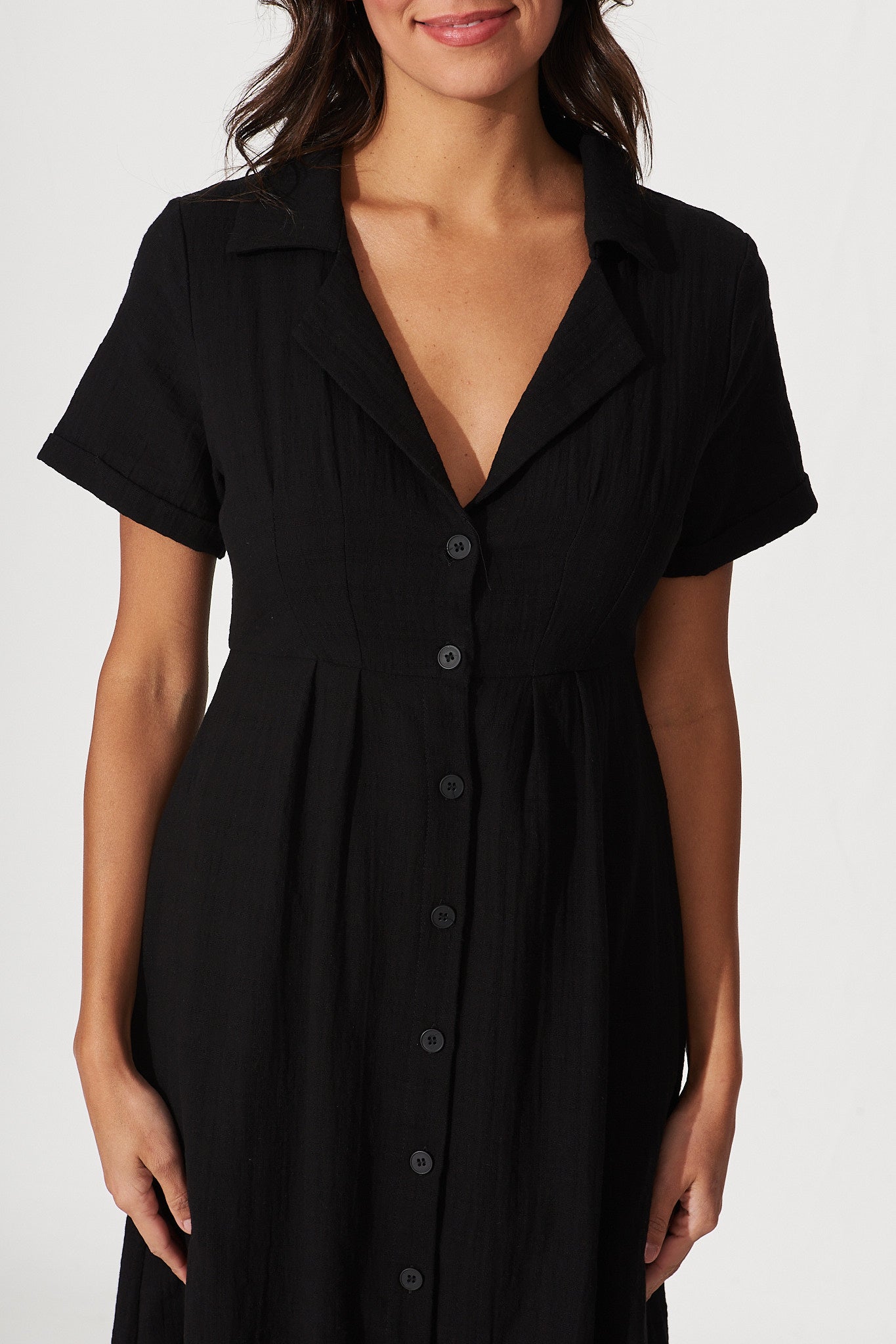 Abigail Midi Shirt Dress In Black Textured Cotton St Frock