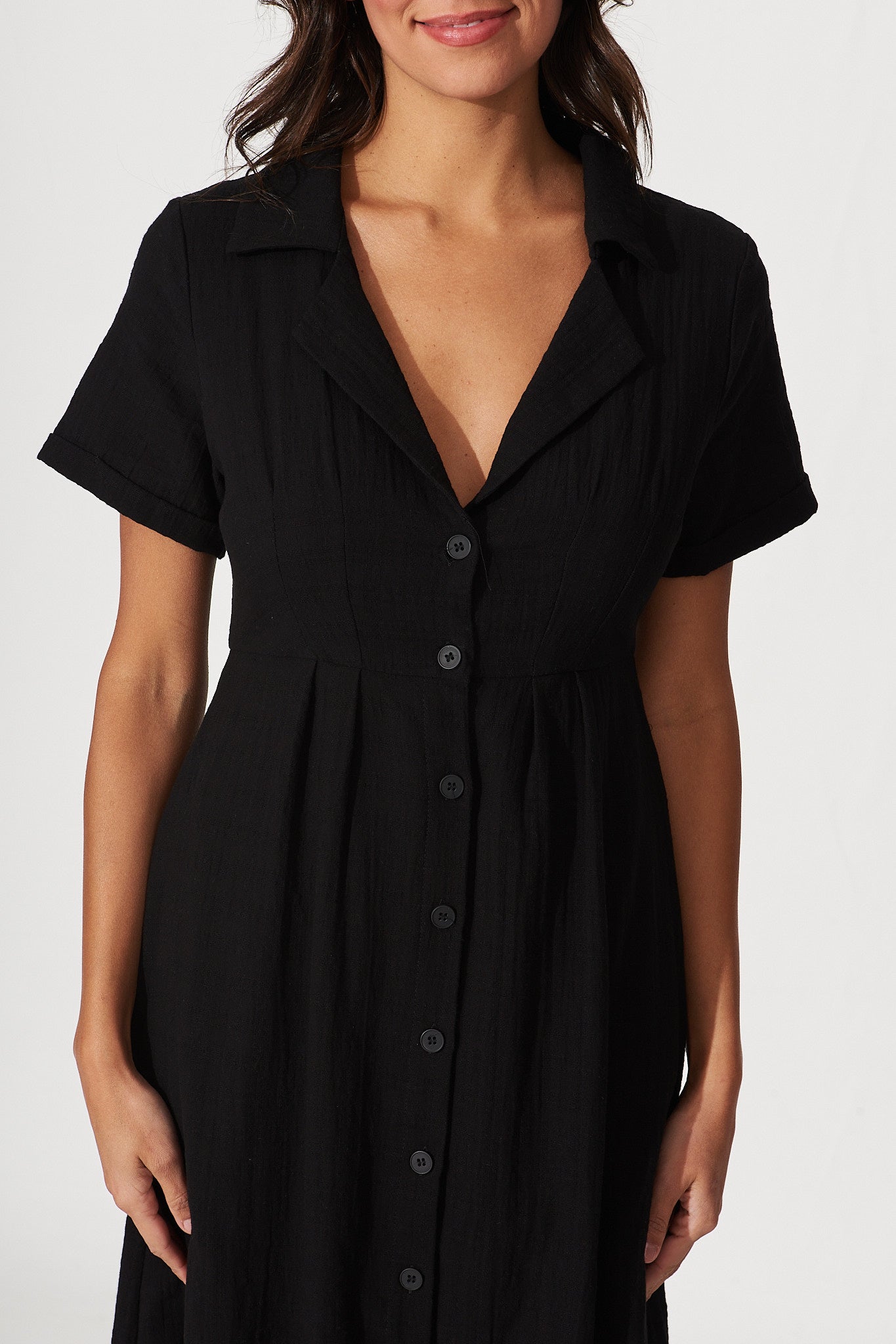 Abigail Midi Shirt Dress In Black Textured Cotton – St Frock