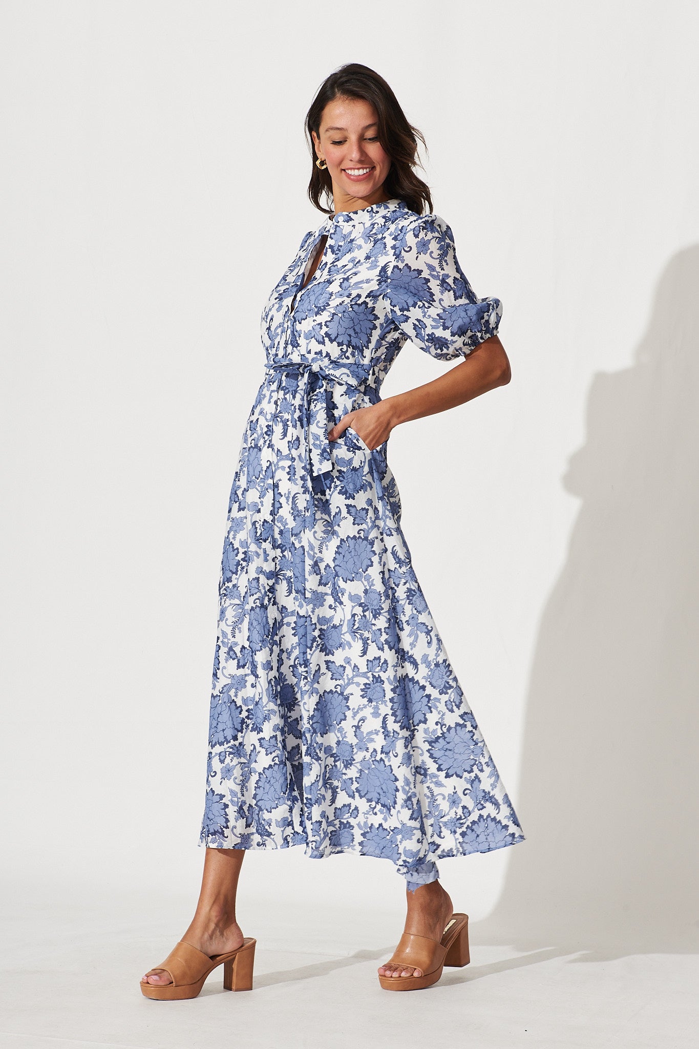 Loriet Maxi Shirt Dress In Blue With White Floral Cotton Blend