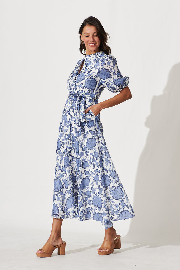 Loriet Maxi Shirt Dress In Blue With White Floral Cotton Blend - side