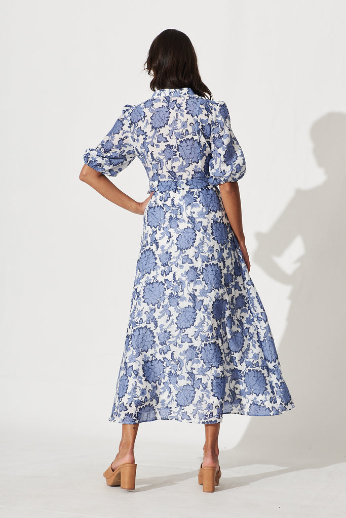 Loriet Maxi Shirt Dress In Blue With White Floral Cotton Blend - back