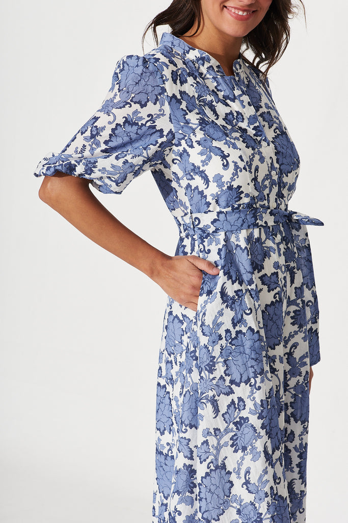 Loriet Maxi Shirt Dress In Blue With White Floral Cotton Blend - detail