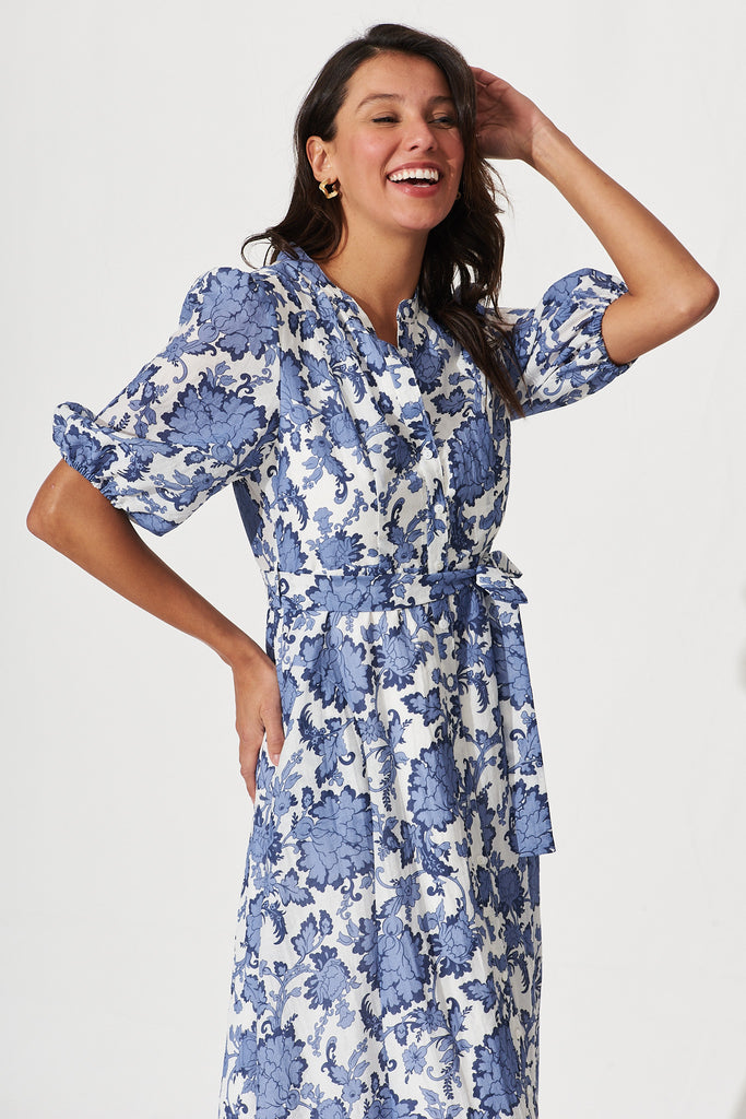 Loriet Maxi Shirt Dress In Blue With White Floral Cotton Blend - front