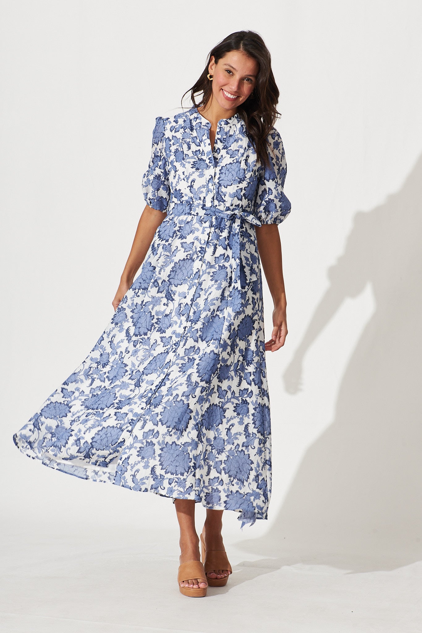 Loriet Maxi Shirt Dress In Blue With White Floral Cotton Blend St Frock Loriet Maxi Shirt Dress In Blue With White Floral Cotton Blend St Frock