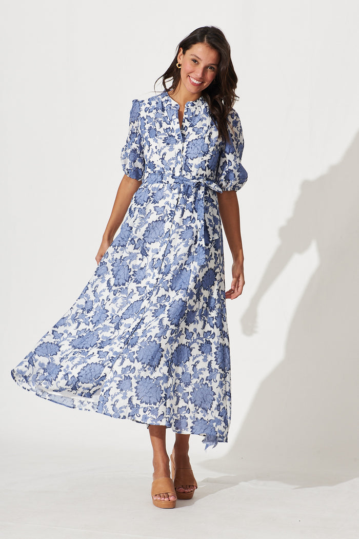 Loriet Maxi Shirt Dress In Blue With White Floral Cotton Blend St Frock Loriet Maxi Shirt Dress In Blue With White Floral Cotton Blend St Frock