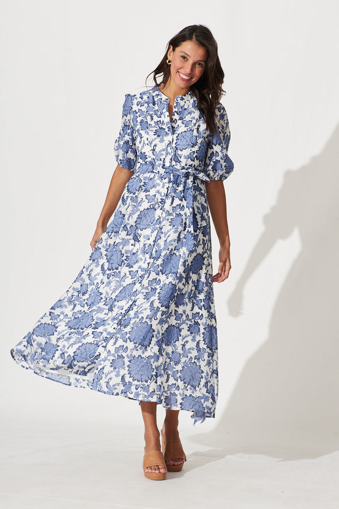 Loriet Maxi Shirt Dress In Blue With White Floral Cotton Blend - full length