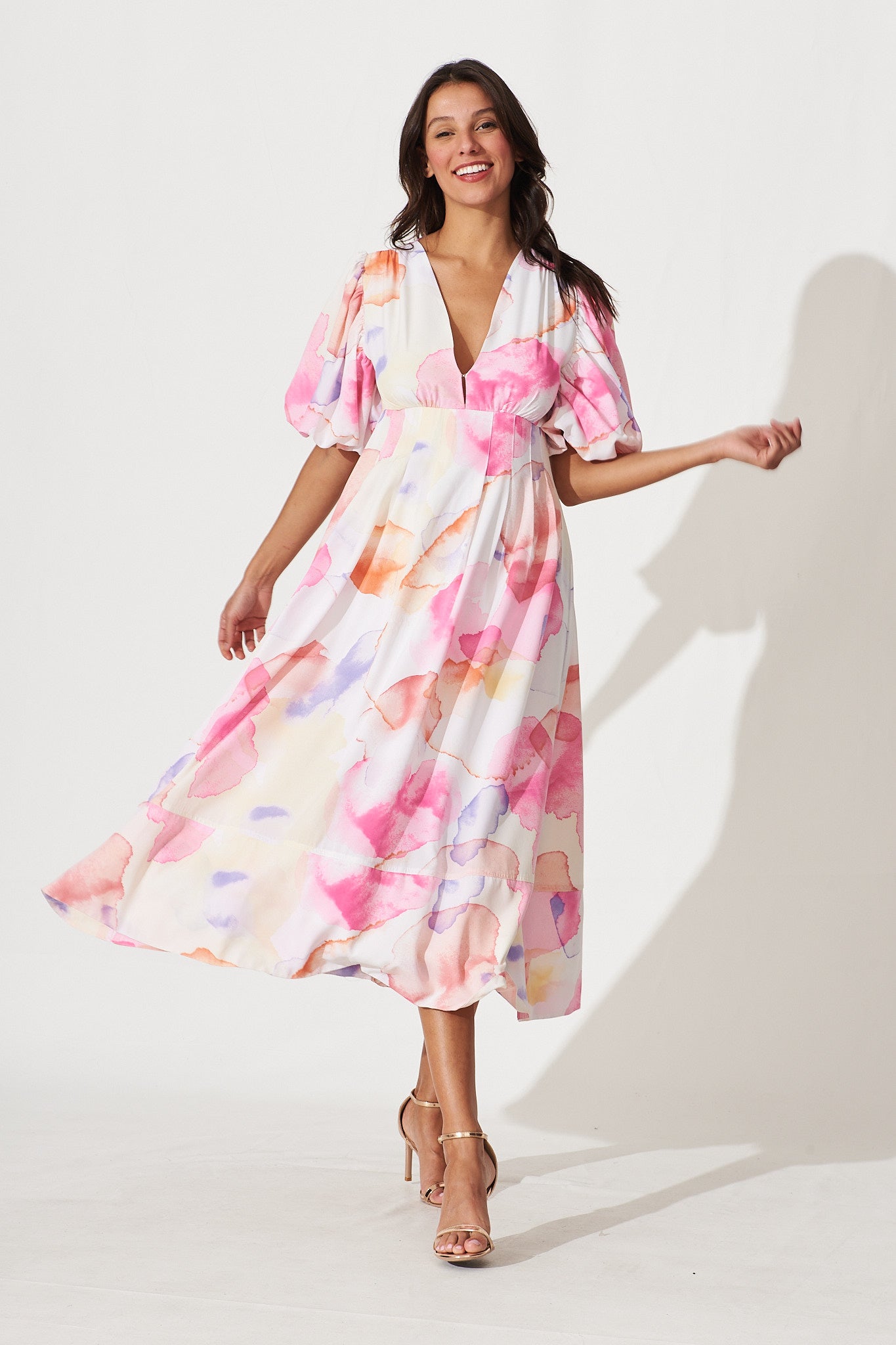 Daydreamer Midi Dress In White With Pink Multi Watercolour Print - full length