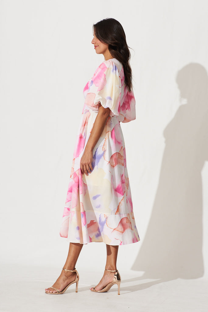 Daydreamer Midi Dress In White With Pink Multi Watercolour Print - side