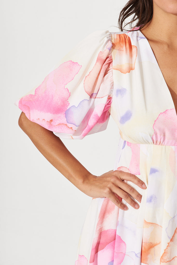 Daydreamer Midi Dress In White With Pink Multi Watercolour Print - detail