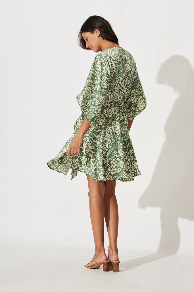 Sunday Dress In Green With Cream Print Satin - back