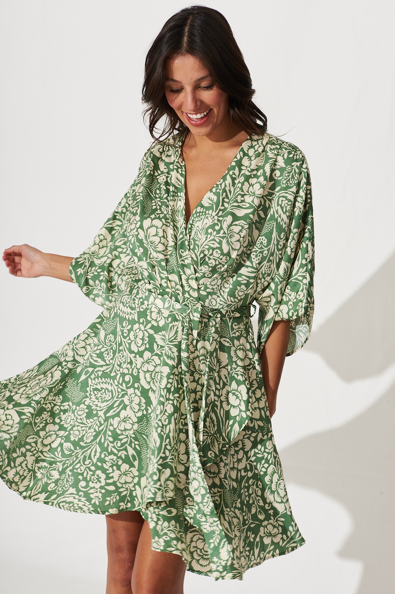 Sunday Dress In Green With Cream Print Satin - front