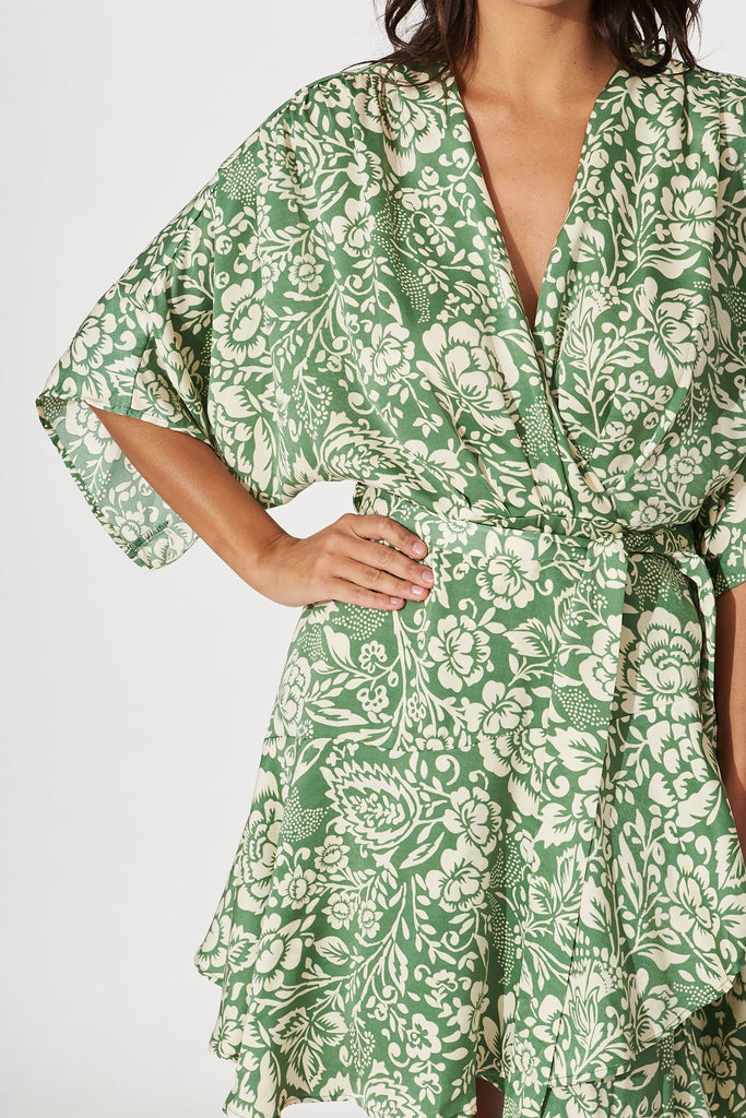 Sunday Dress In Green With Cream Print Satin - detail