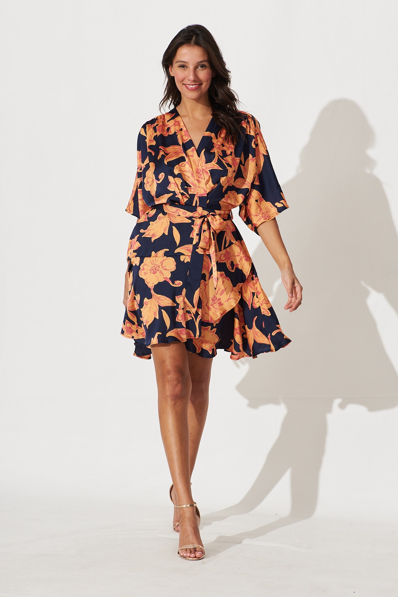 Sunday Dress In Navy With Apricot Floral Print Satin - full length