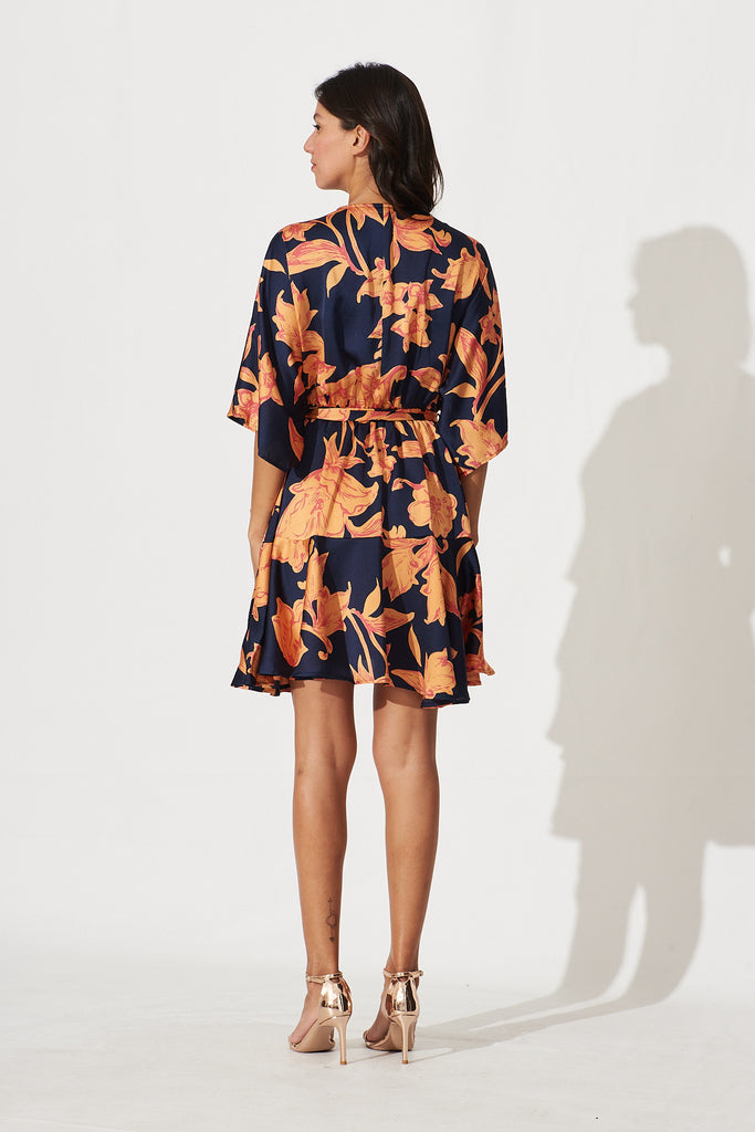 Sunday Dress In Navy With Apricot Floral Print Satin - back