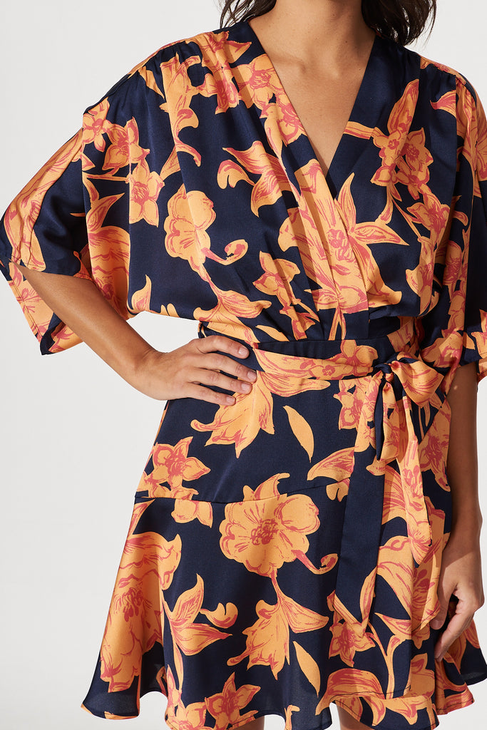 Sunday Dress In Navy With Apricot Floral Print Satin - detail