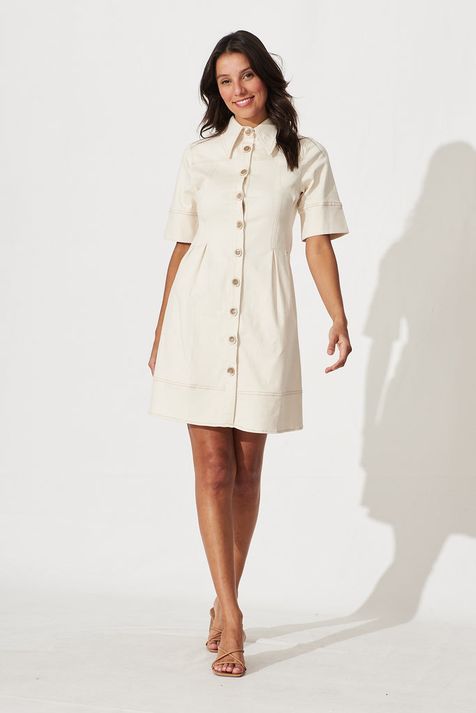 Soleil Shirt Dress In Cream Cotton Blend - full length