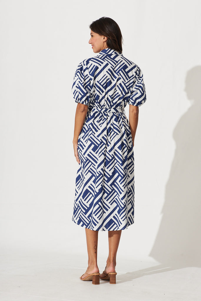 Lou Midi Dress In White And Blue Geometric Print Cotton - back