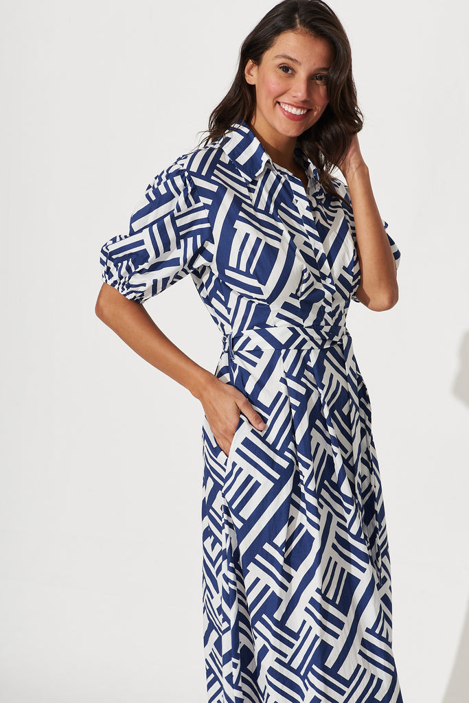 Lou Midi Dress In White And Blue Geometric Print Cotton - front
