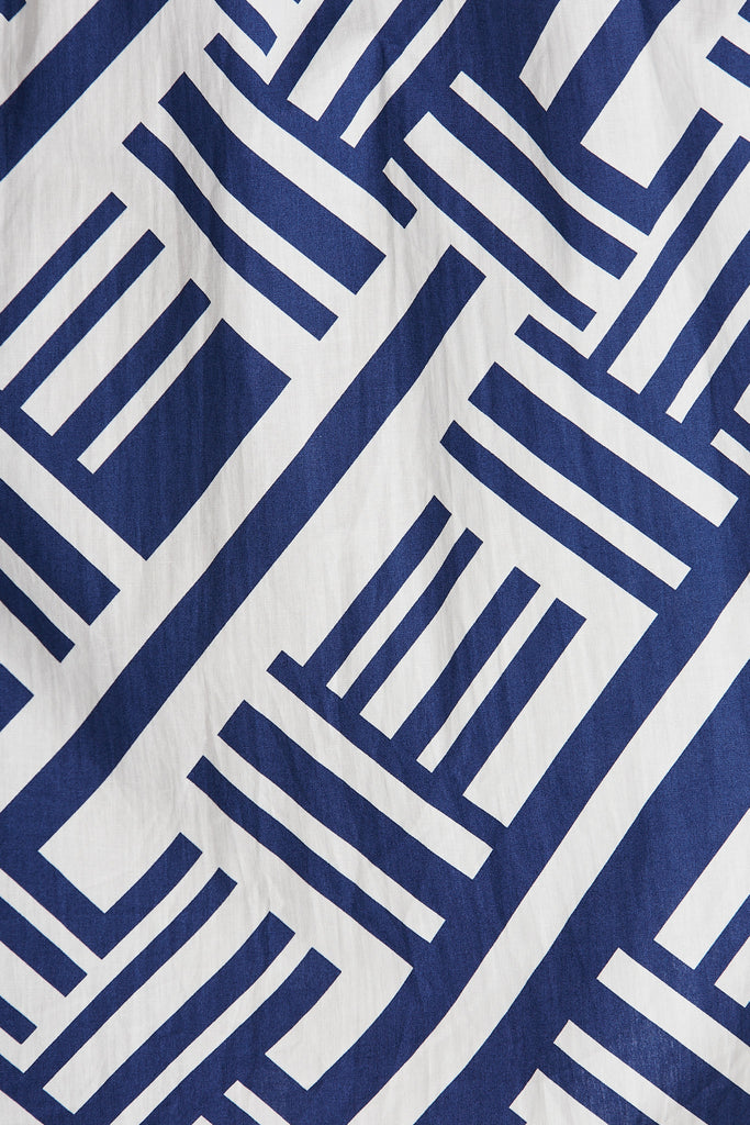 Lou Midi Dress In White And Blue Geometric Print Cotton - fabric