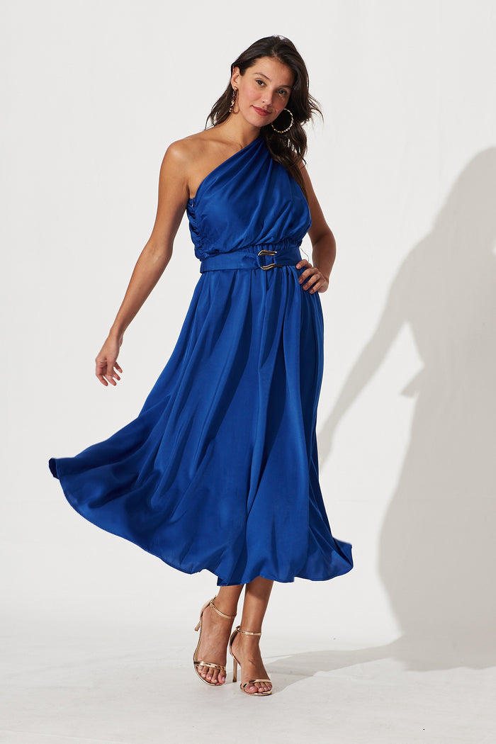 Bernadette One Shoulder Midi Dress In Cobalt Satin St Frock Bernadette One Shoulder Midi Dress In Cobalt Satin St Frock