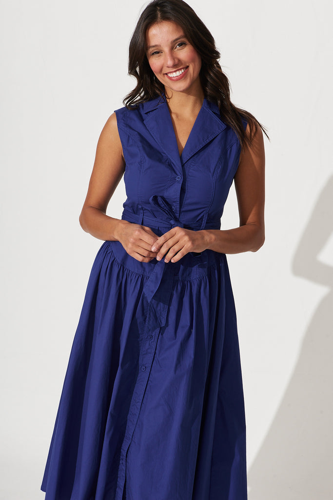 Kelly Midi Shirt Dress In Navy Cotton - front