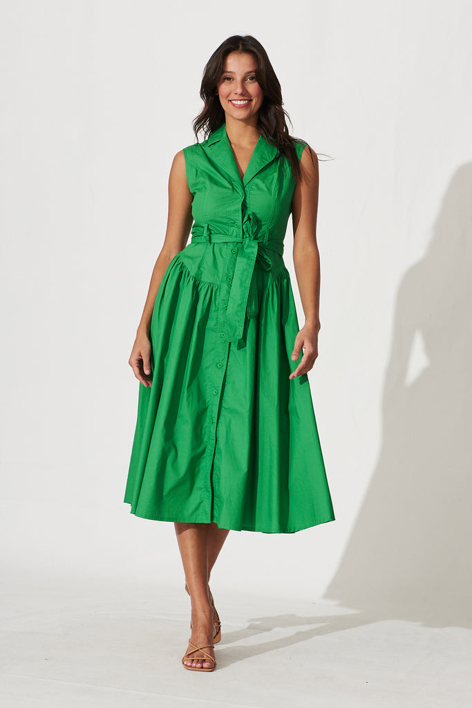 Kelly Midi Shirt Dress In Green Cotton - full length