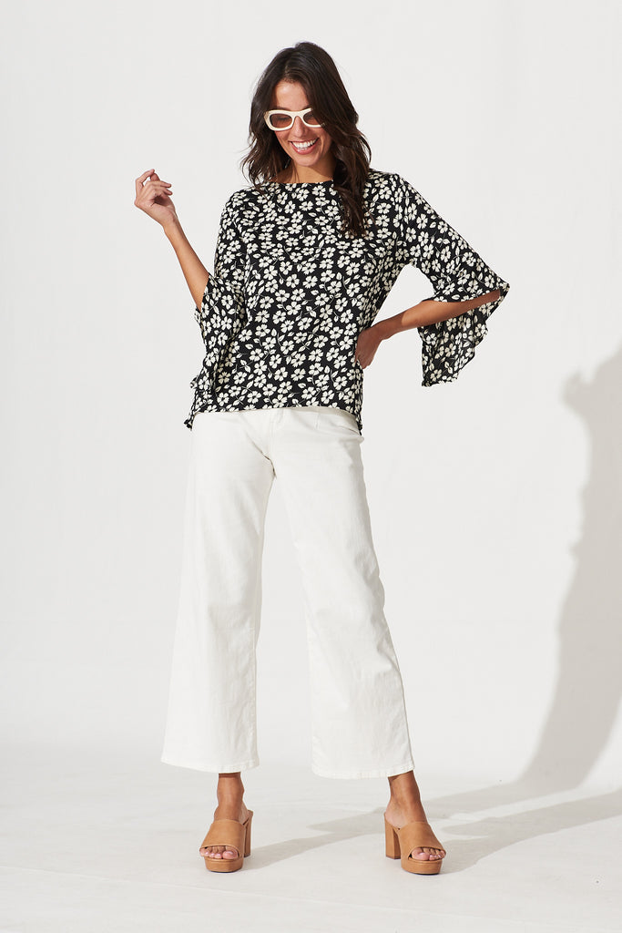 Nila Top In Black With White Floral Print - full length
