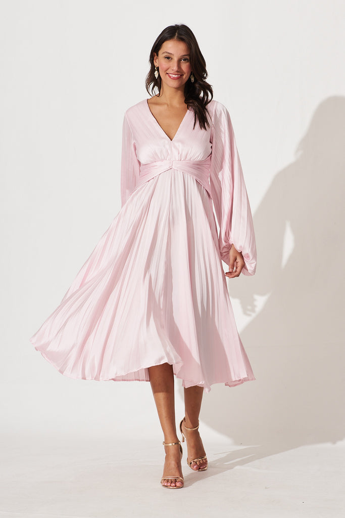 Florice Midi Dress In Pale Pink Pleated Satin - full length