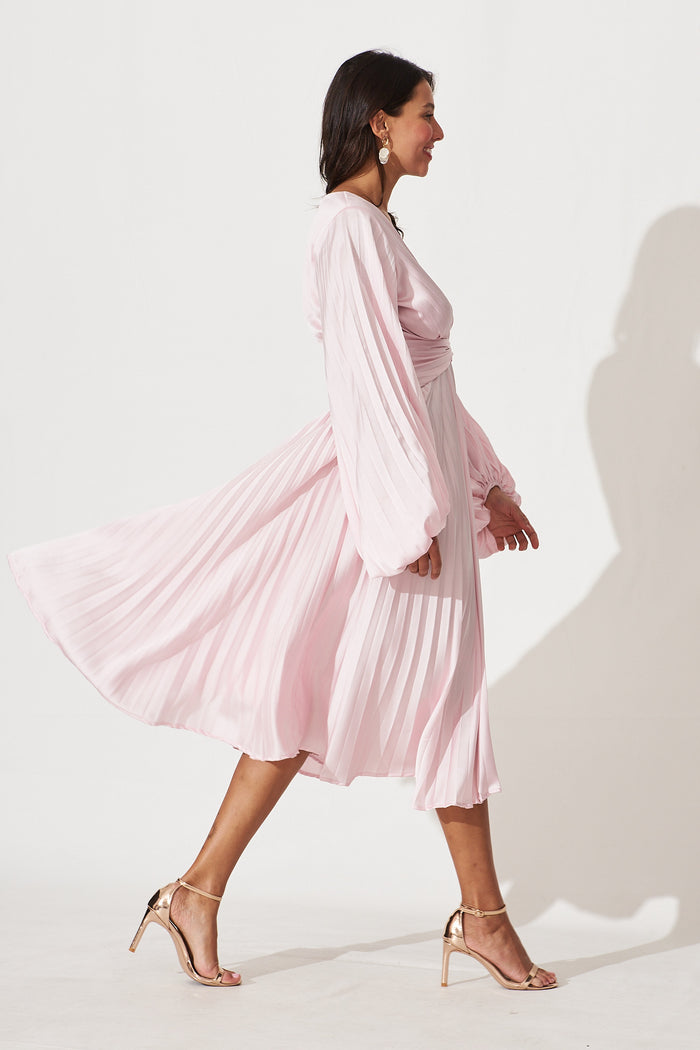 Florice Midi Dress In Pale Pink Pleated Satin - side