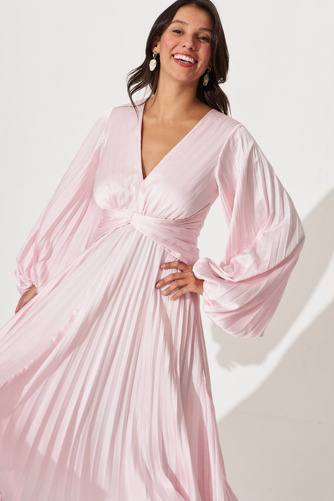 Florice Midi Dress In Pale Pink Pleated Satin - front