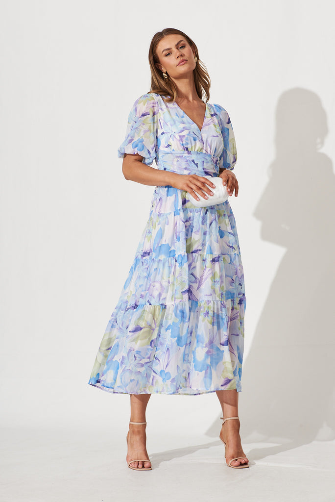 Celine Midi Dress In Blue With Green Watercolour Floral Print – St Frock