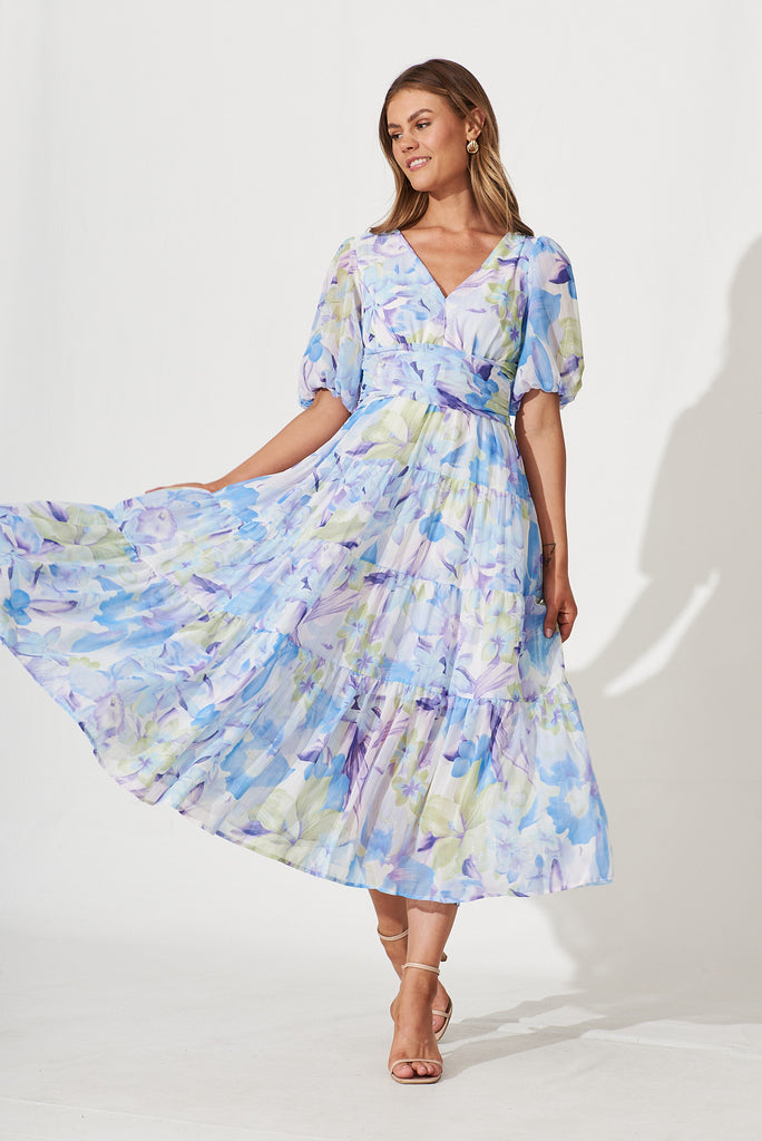 Celine Midi Dress In Blue With Green Watercolour Floral Print - full length