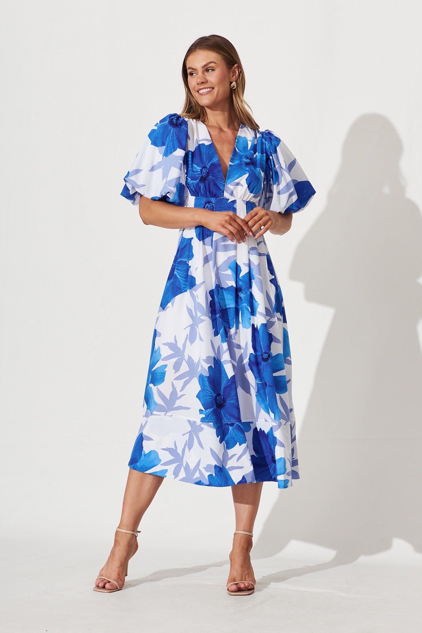 Daydreamer Midi Dress In White With Blue Flower Print St Frock Daydreamer Midi Dress In White With Blue Flower Print St Frock