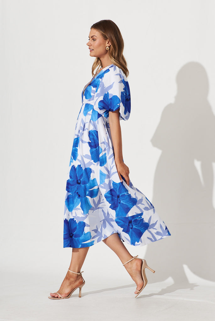 Daydreamer Midi Dress In White With Blue Flower Print - side