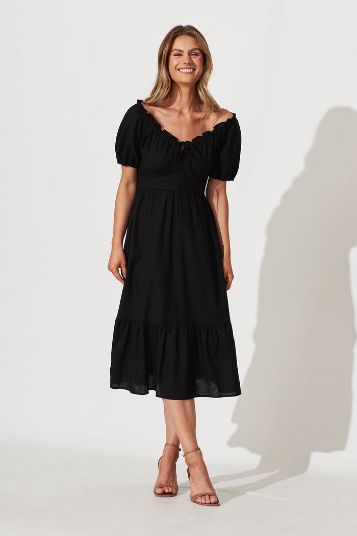 Leticia Midi Dress In Black Linen Cotton Blend - full length