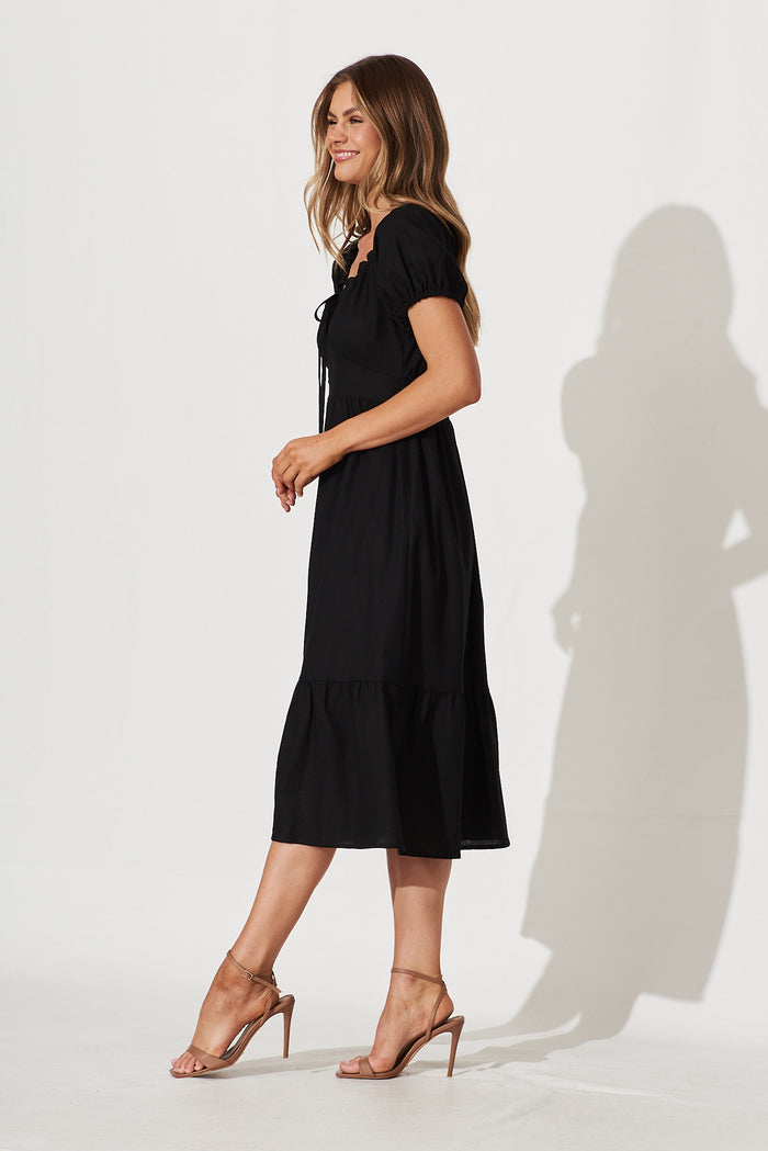Leticia Midi Dress In Black Linen Cotton Blend - side