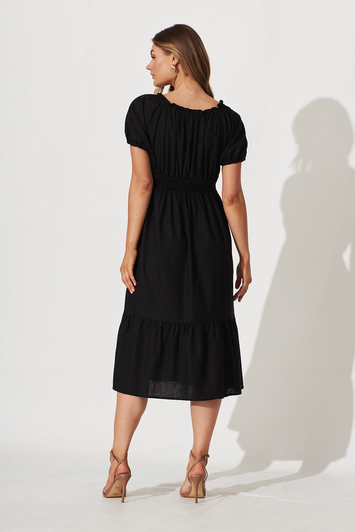 Leticia Midi Dress In Black Linen Cotton Blend - back