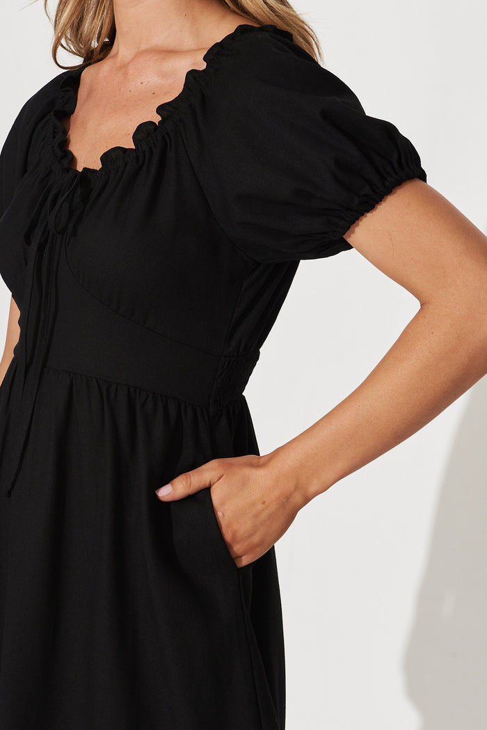 Leticia Midi Dress In Black Linen Cotton Blend - detail