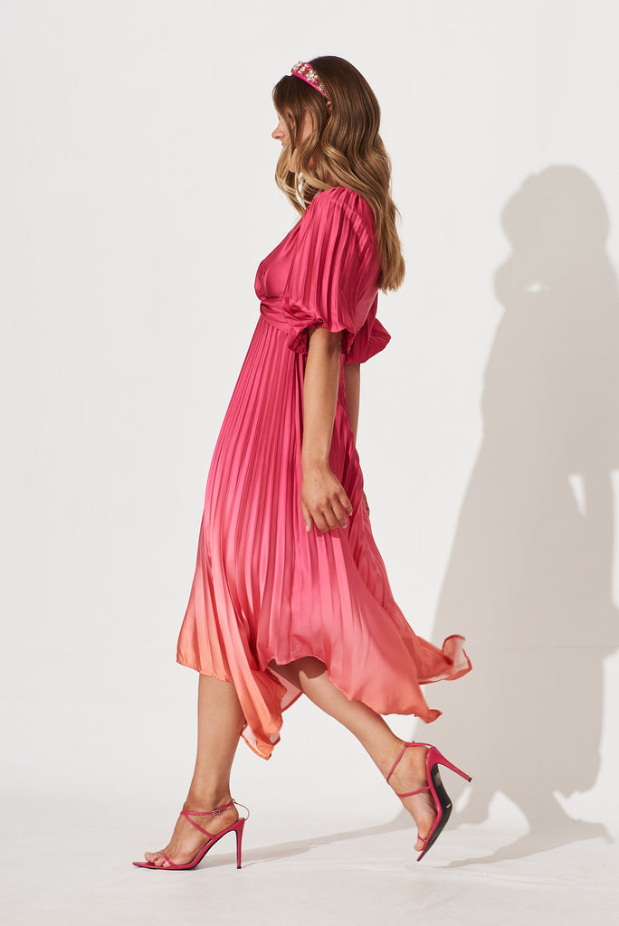 Florence Midi Dress In Hot Pink Ombre Pleated Satin - side