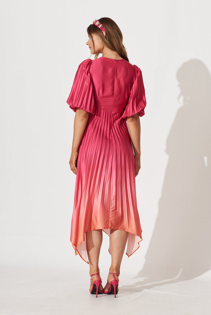 Florence Midi Dress In Hot Pink Ombre Pleated Satin - back